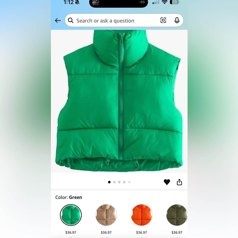 Amazon Essentials Green Puffer Cropped Vest